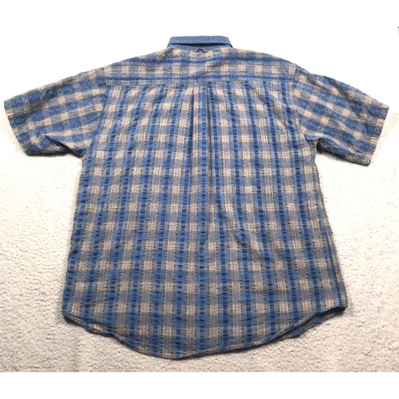 VTG 90s JAB Button Shirt Mens L Blue Tan Plaid SEERSUCKER Short Sleeve Casual - Picture 7 of 11